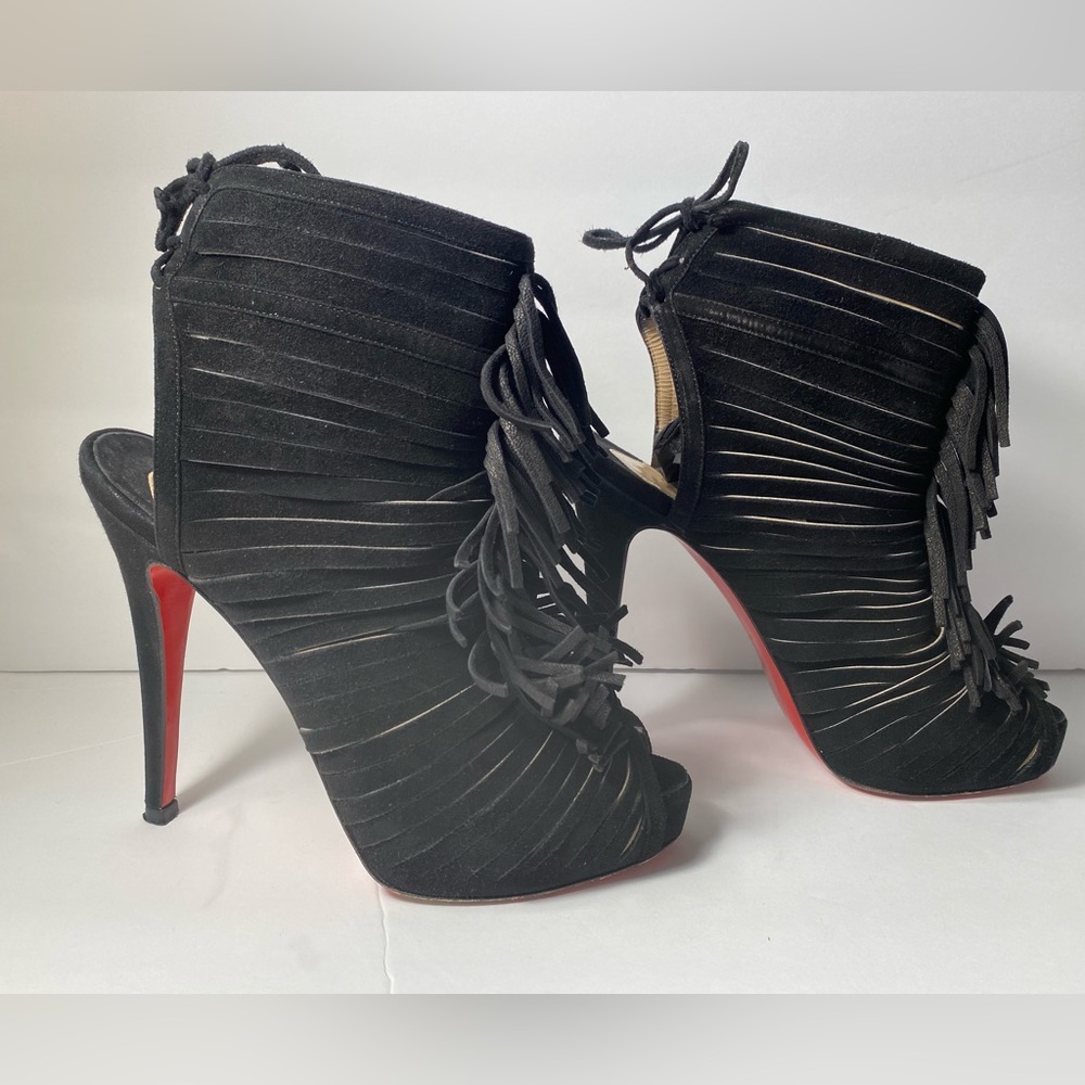 Christian Louboutin suede fringe bootie sandals pumps heels black 35